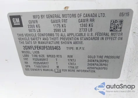 2015 Chevrolet Equinox 1Lt из США, поврежденный, VIN 2GNFLFEK0F6369463